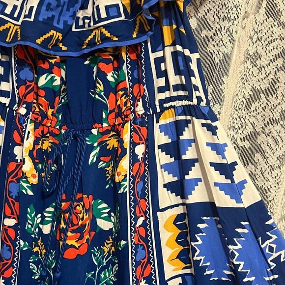 Anthroplogie Flying Tomato Blue Aztec Off the Shoulder Maxi Dress Size Small - Picture 3 of 7